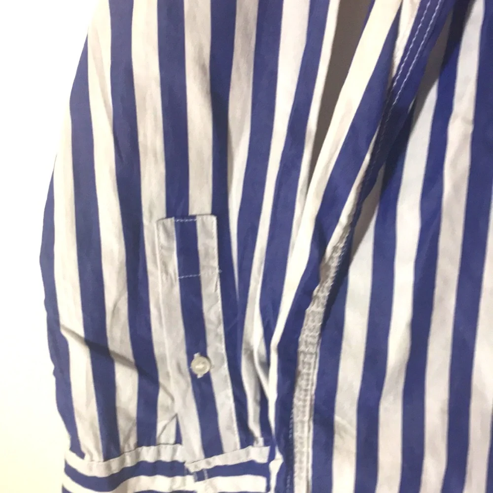 J CREW long sleeve top size m purple white stripes open neck business ca…